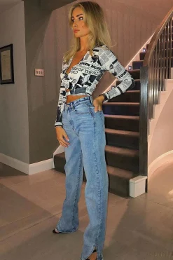 Rebellious Fashion Mid Wash Straight Leg Side Split Hem Jeans - Tashi