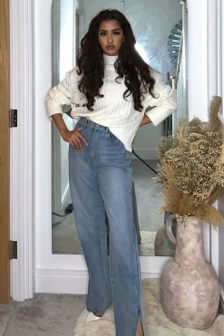Rebellious Fashion Mid Wash Straight Leg Side Split Hem Jeans - Tashi