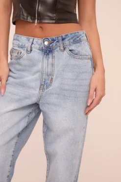 Rebellious Fashion Mid Wash Straight Leg Side Split Hem Jeans - Tashi