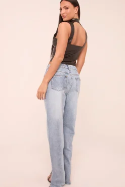 Rebellious Fashion Mid Wash Straight Leg Side Split Hem Jeans - Tashi