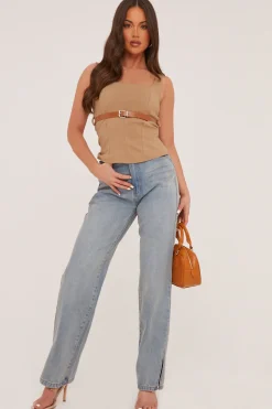 Rebellious Fashion Mid Wash Straight Leg Side Split Hem Jeans - Tashi