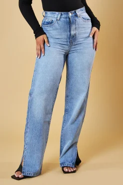 Rebellious Fashion Mid Wash Straight Leg Side Split Hem Jeans - Tashi