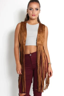 Rebellious Fashion Mimi Camel Suede Tassel Waistcoat