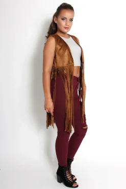 Rebellious Fashion Mimi Camel Suede Tassel Waistcoat