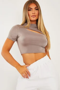 Rebellious Fashion Mink Cut Out Short Sleeve Slinky Crop Top - Harriet