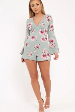 Rebellious Fashion Mint Floral Plunge Playsuit - Ruah