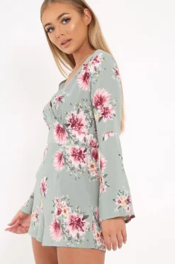 Rebellious Fashion Mint Floral Plunge Playsuit - Ruah