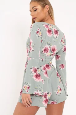 Rebellious Fashion Mint Floral Plunge Playsuit - Ruah
