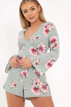 Rebellious Fashion Mint Floral Plunge Playsuit - Ruah