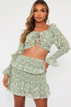 Rebellious Fashion Mint Floral Print Lace Up Crop Top + Shirred Skirt Set - Adelei