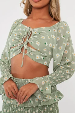 Rebellious Fashion Mint Floral Print Lace Up Crop Top + Shirred Skirt Set - Adelei