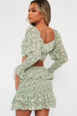 Rebellious Fashion Mint Floral Print Lace Up Crop Top + Shirred Skirt Set - Adelei