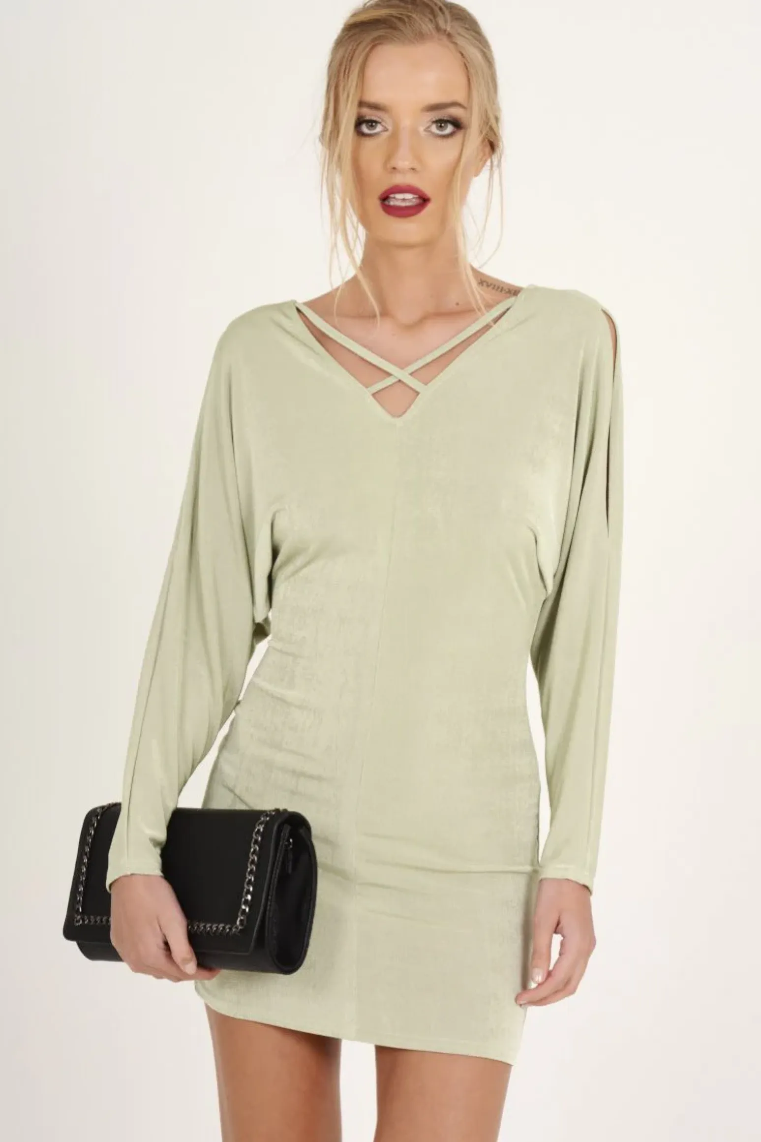 Rebellious Fashion Mint Green Batwing Cold Shoulder Mini Dress - Sonia