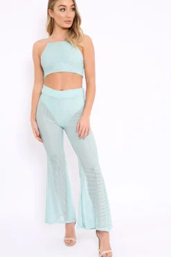 Rebellious Fashion Mint Ribbed Crop Top and Sheer Trousers Co-ord - Nayana