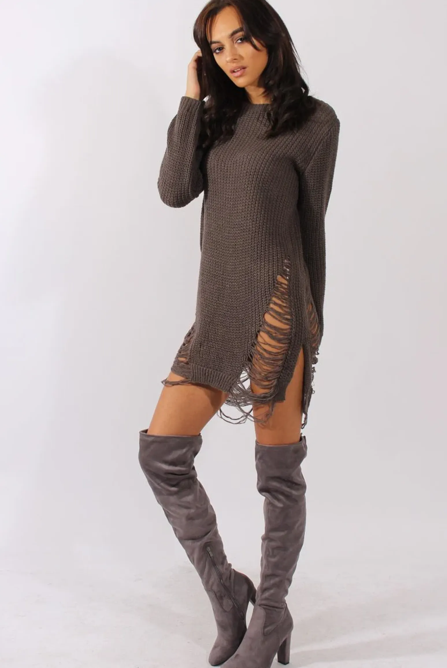 Rebellious Fashion Mocha Distressed Jumper Dress - Kim