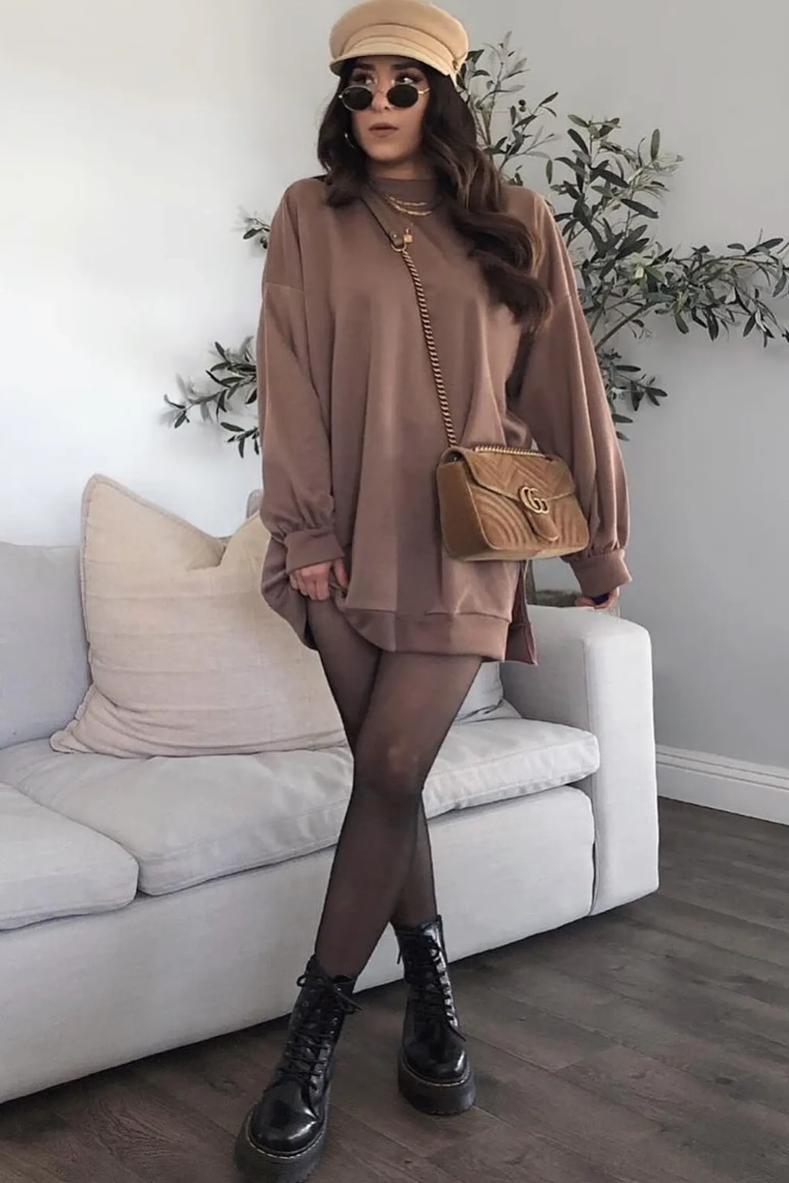 Rebellious Fashion Mocha Oversized Slit Sweatshirt Dress - Kierell