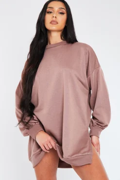 Rebellious Fashion Mocha Oversized Slit Sweatshirt Dress - Kierell