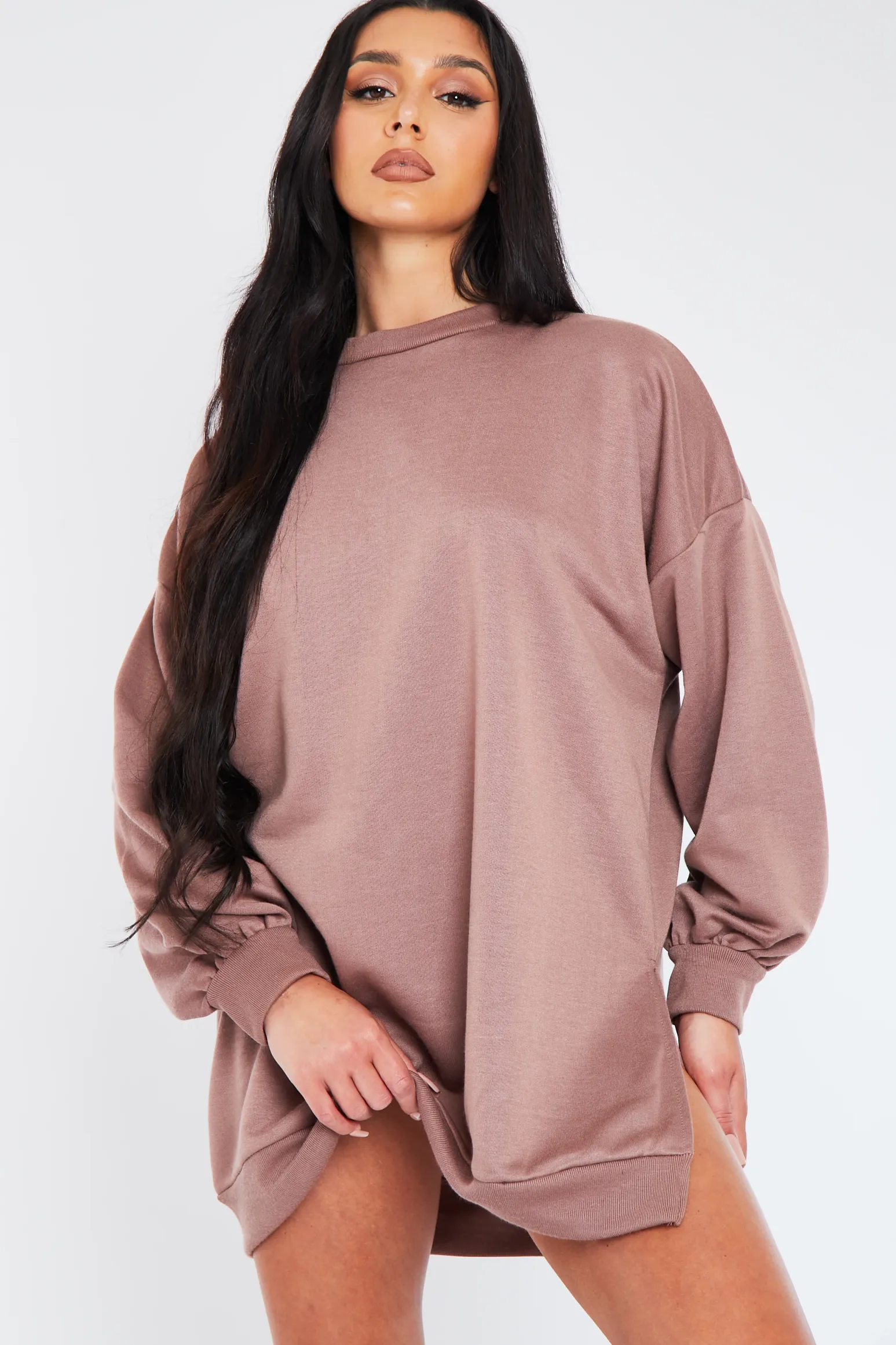 Rebellious Fashion Mocha Oversized Slit Sweatshirt Dress - Kierell