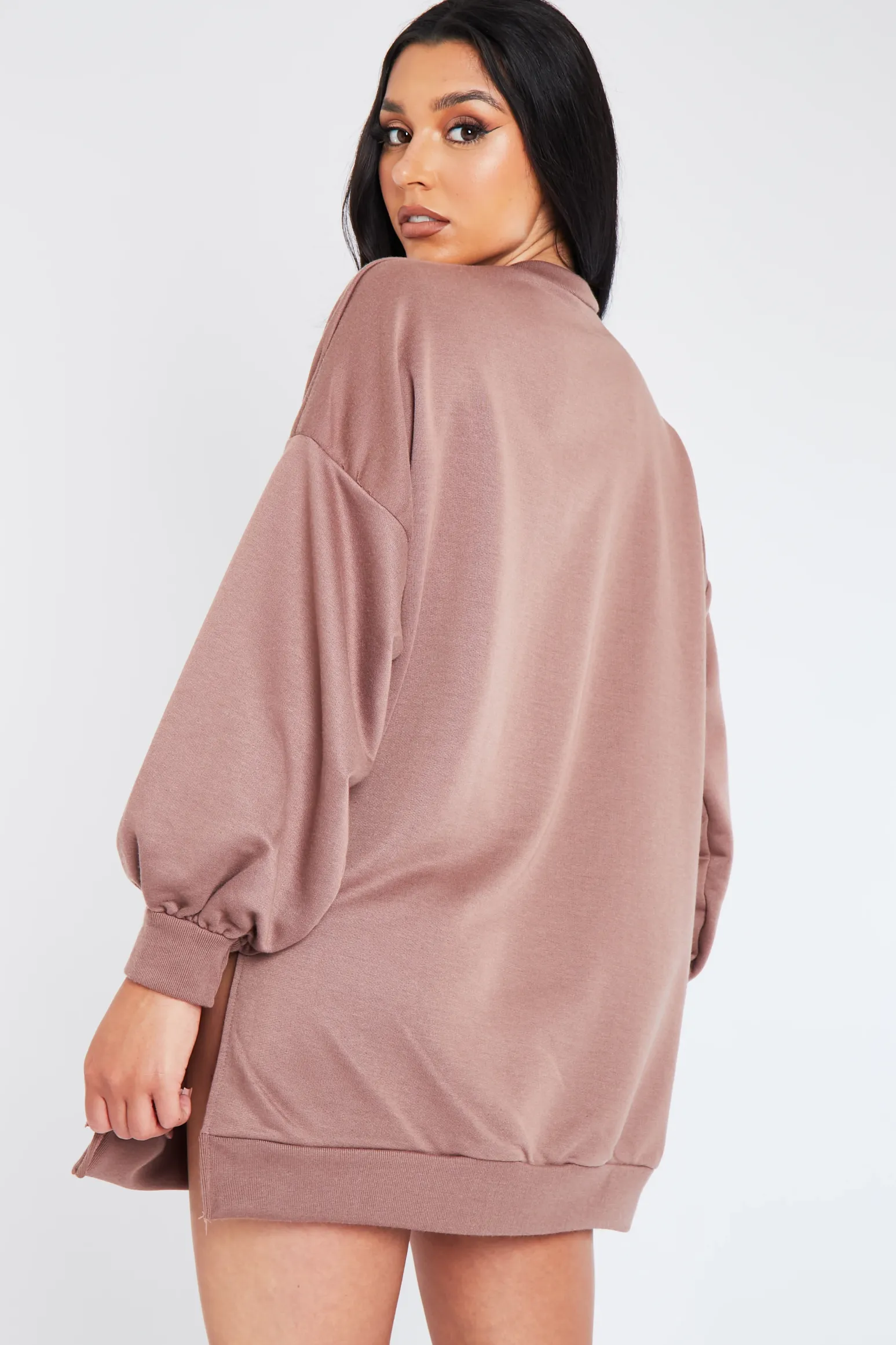 Rebellious Fashion Mocha Oversized Slit Sweatshirt Dress - Kierell