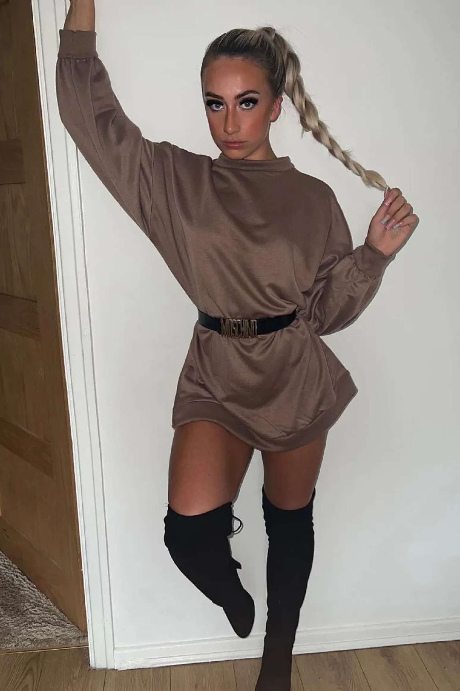 Rebellious Fashion Mocha Oversized Slit Sweatshirt Dress - Kierell
