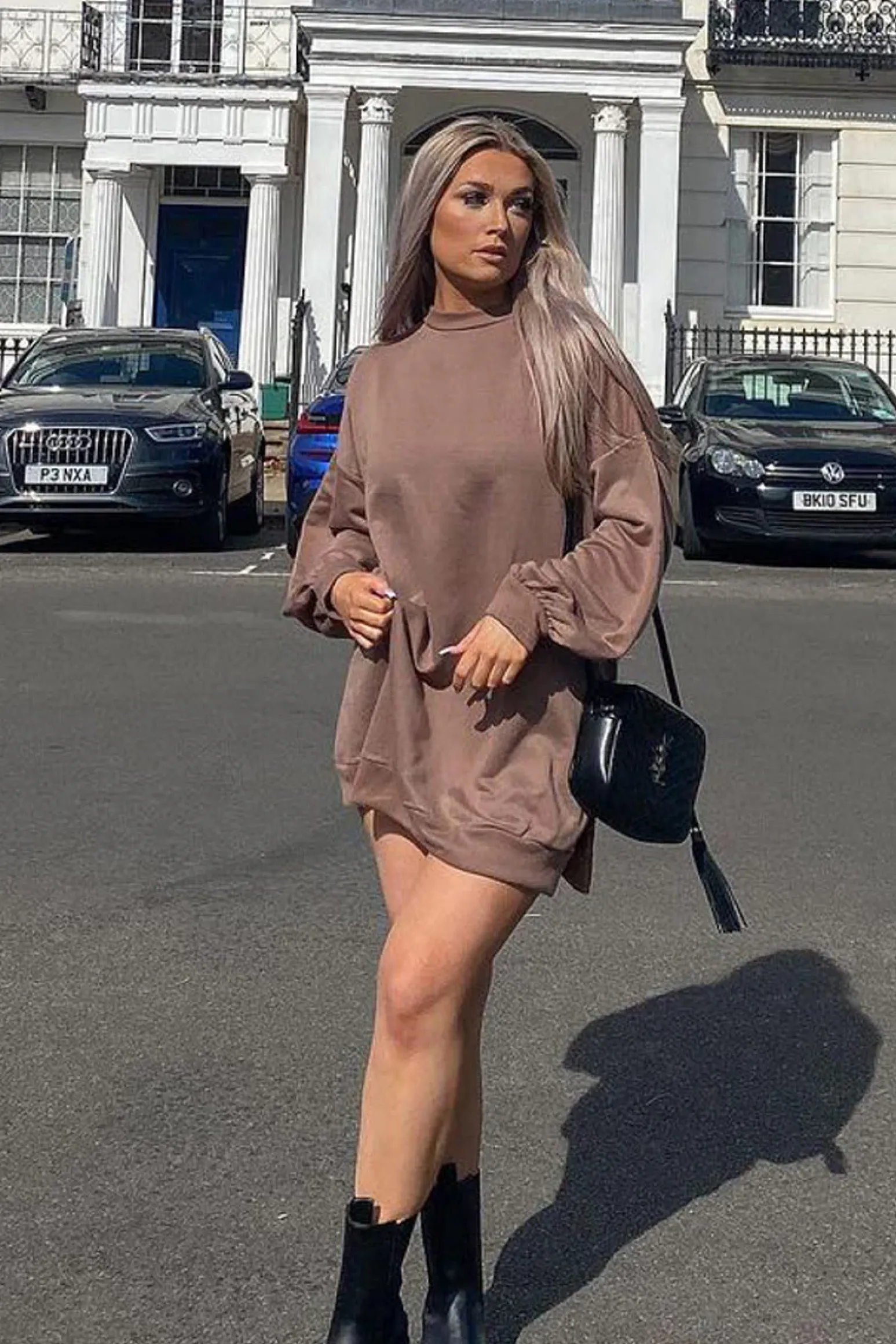 Rebellious Fashion Mocha Oversized Slit Sweatshirt Dress - Kierell