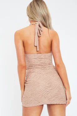 Rebellious Fashion Mocha Textured Knitted Halter Neck Mini Dress - Carmo
