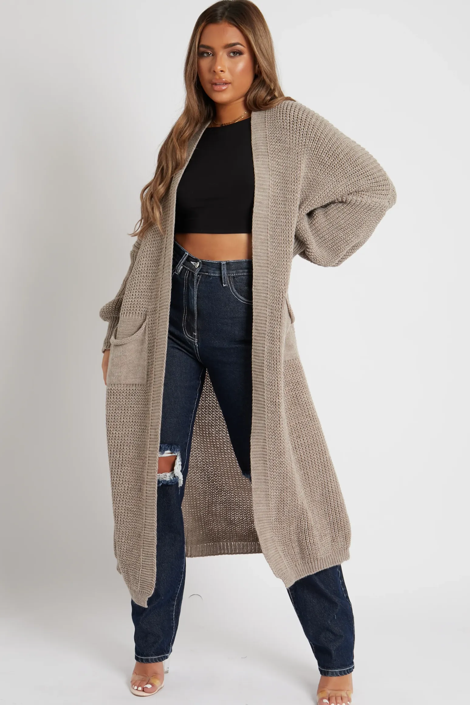 Rebellious Fashion Mocha Balloon Sleeve Maxi Knit Cardigan - Imara