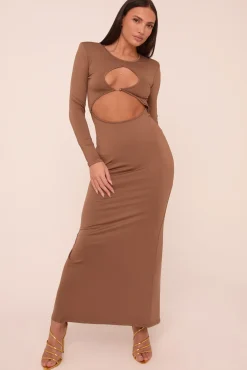 Rebellious Fashion Mocha Cut Out Front Long Sleeves Maxi Dress - Elodie