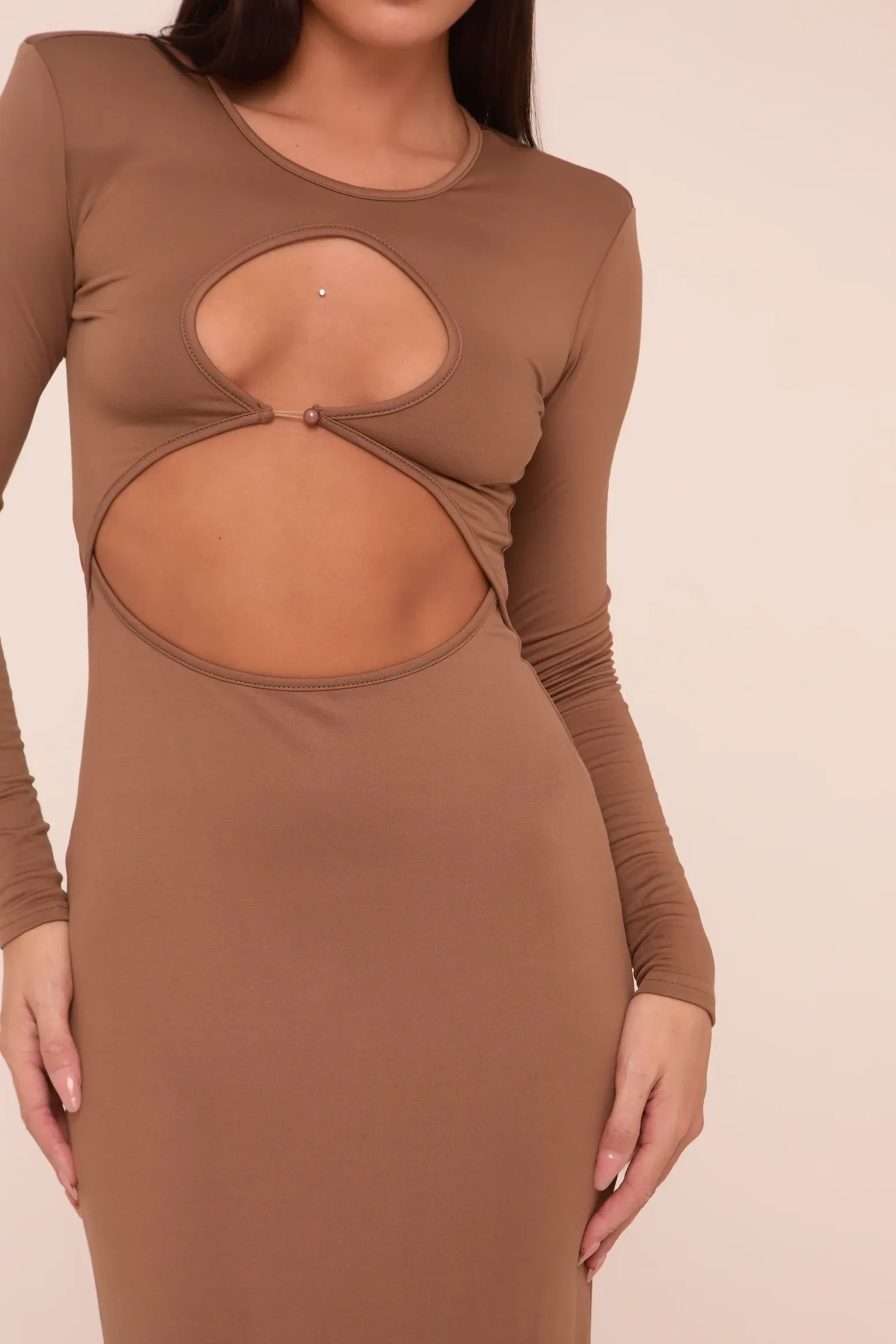 Rebellious Fashion Mocha Cut Out Front Long Sleeves Maxi Dress - Elodie