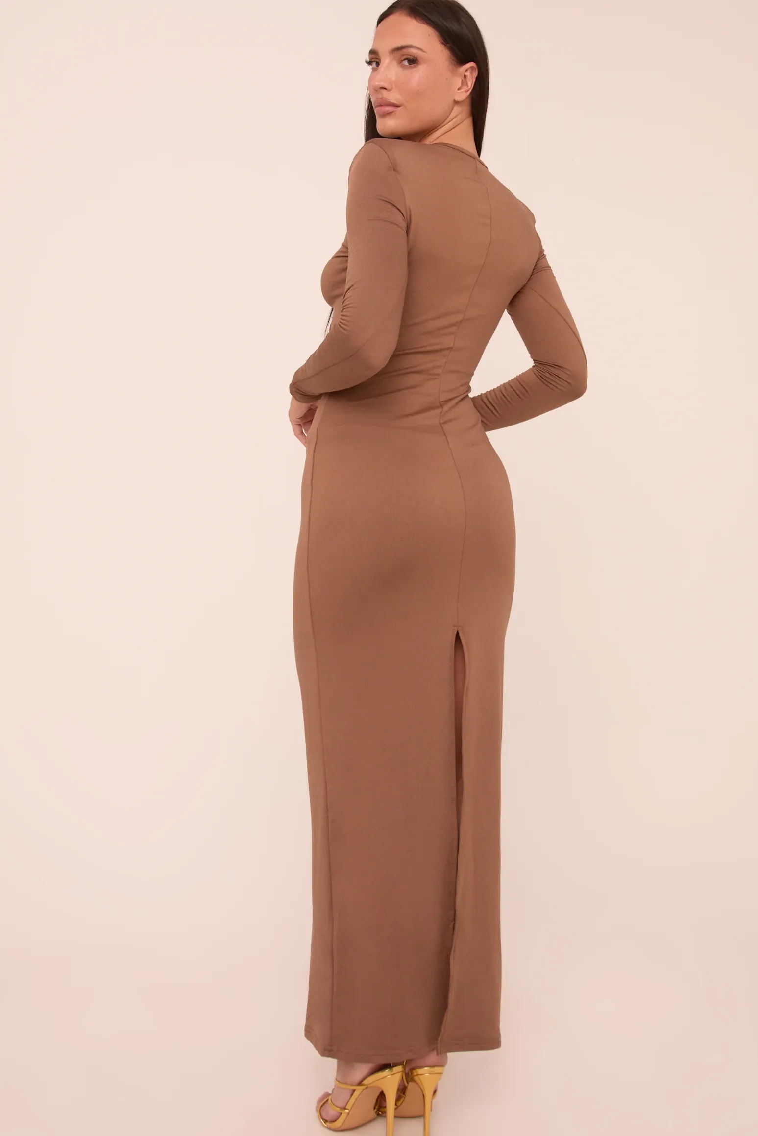 Rebellious Fashion Mocha Cut Out Front Long Sleeves Maxi Dress - Elodie