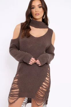 Rebellious Fashion Mocha Knitted Cut Out Front Cold Shoulder Distressed Jumper Dress - Jamie