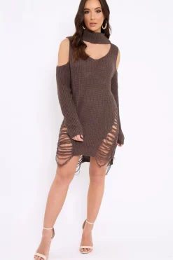Rebellious Fashion Mocha Knitted Cut Out Front Cold Shoulder Distressed Jumper Dress - Jamie