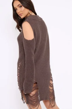 Rebellious Fashion Mocha Knitted Cut Out Front Cold Shoulder Distressed Jumper Dress - Jamie
