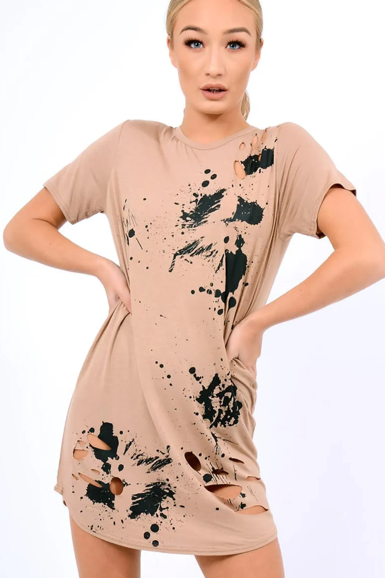 Rebellious Fashion Mocha Laser Cut Tie Dye T Shirt Dress - Imogen