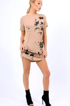 Rebellious Fashion Mocha Laser Cut Tie Dye T Shirt Dress - Imogen