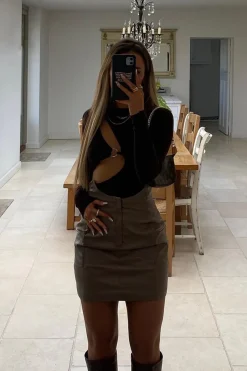 Rebellious Fashion Mocha Pleather Waist Detail Mini Skirt - Syren