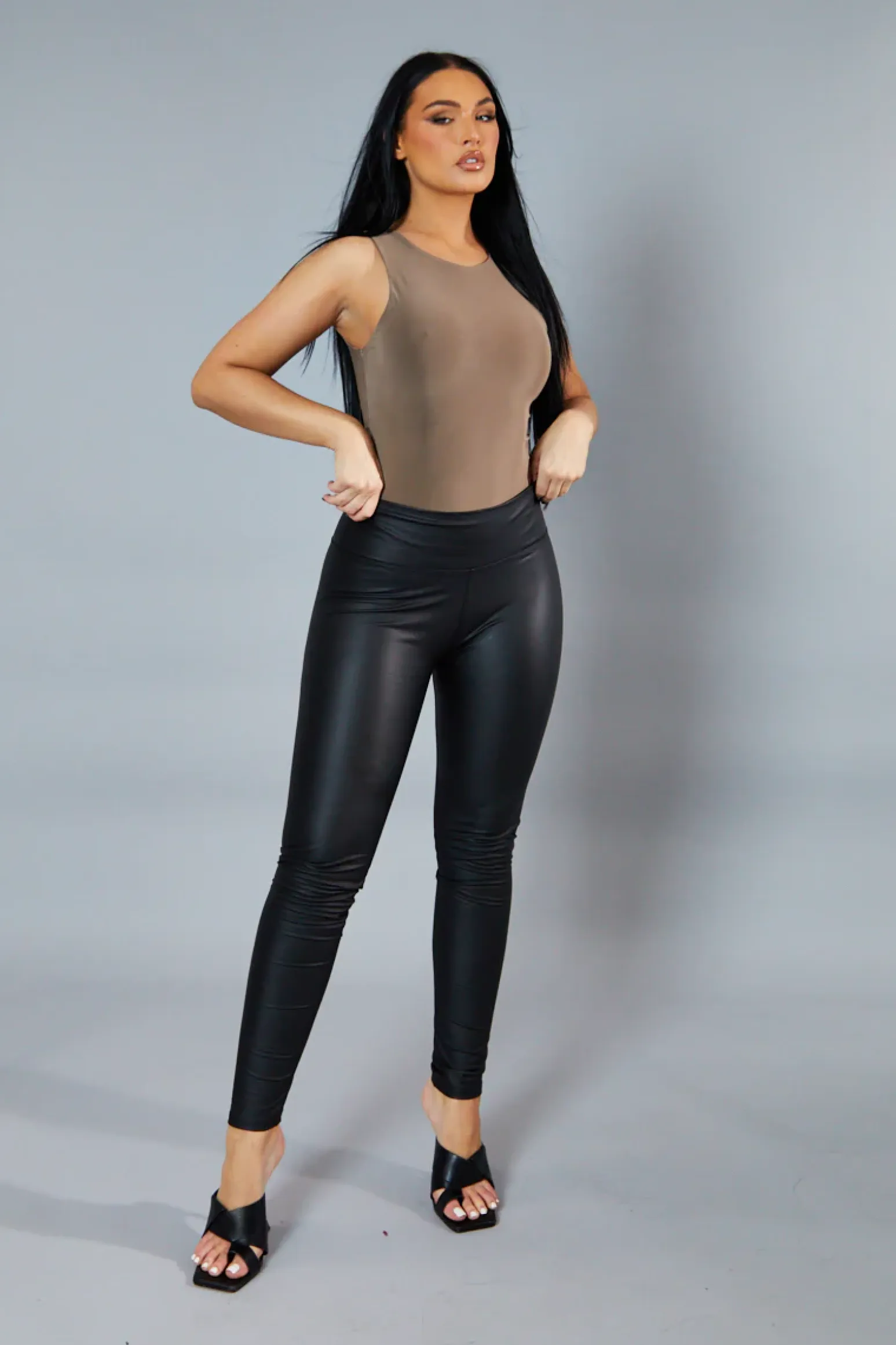 Rebellious Fashion Mocha Round Neck Sleeveless Bodysuit - Himari