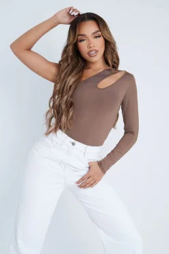 Rebellious Fashion Mocha Slinky Cut Out One Sleeve Bodysuit - Debby
