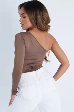 Rebellious Fashion Mocha Slinky Cut Out One Sleeve Bodysuit - Debby