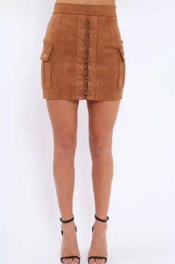 Rebellious Fashion Mocha Suedette Lace Up Skirt - Ressie