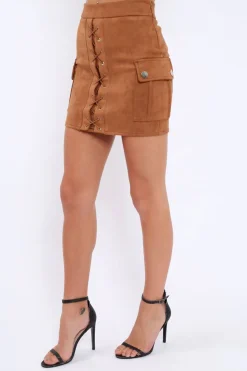 Rebellious Fashion Mocha Suedette Lace Up Skirt - Ressie