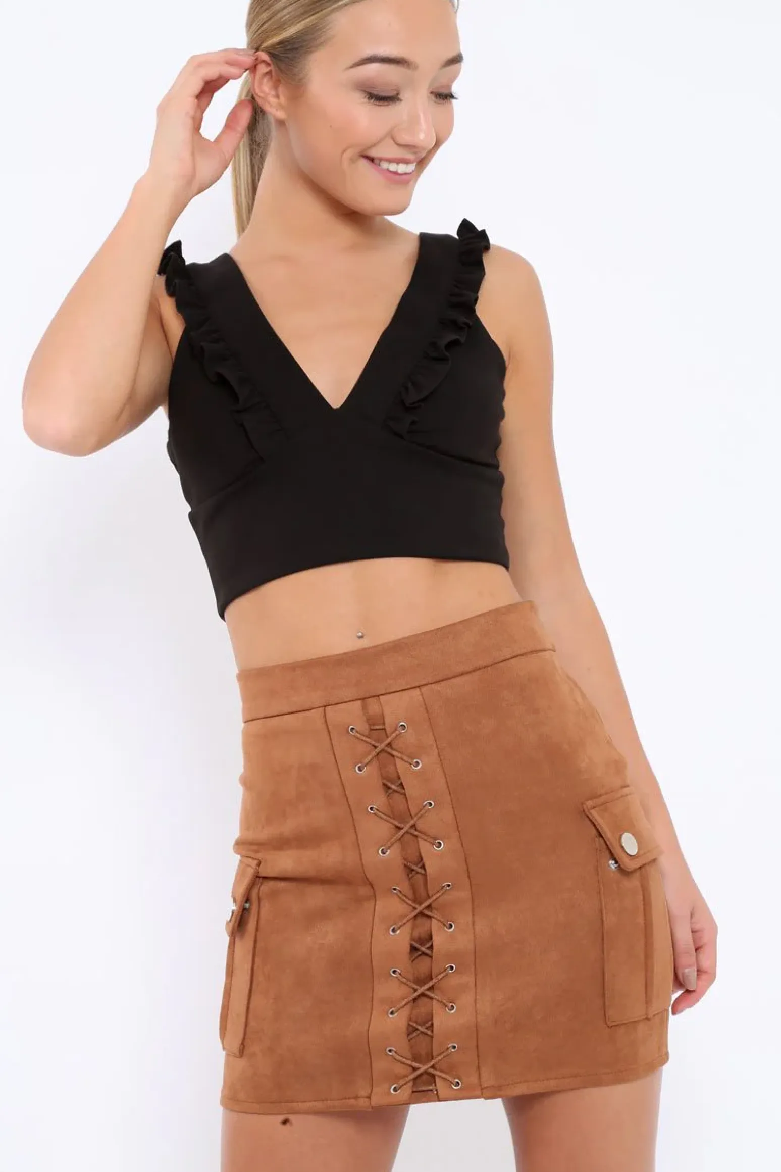 Rebellious Fashion Mocha Suedette Lace Up Skirt - Ressie