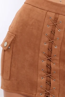 Rebellious Fashion Mocha Suedette Lace Up Skirt - Ressie