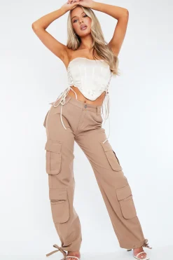 Rebellious Fashion Mocha Tie Hem Denim Cargo Trousers - Hayden