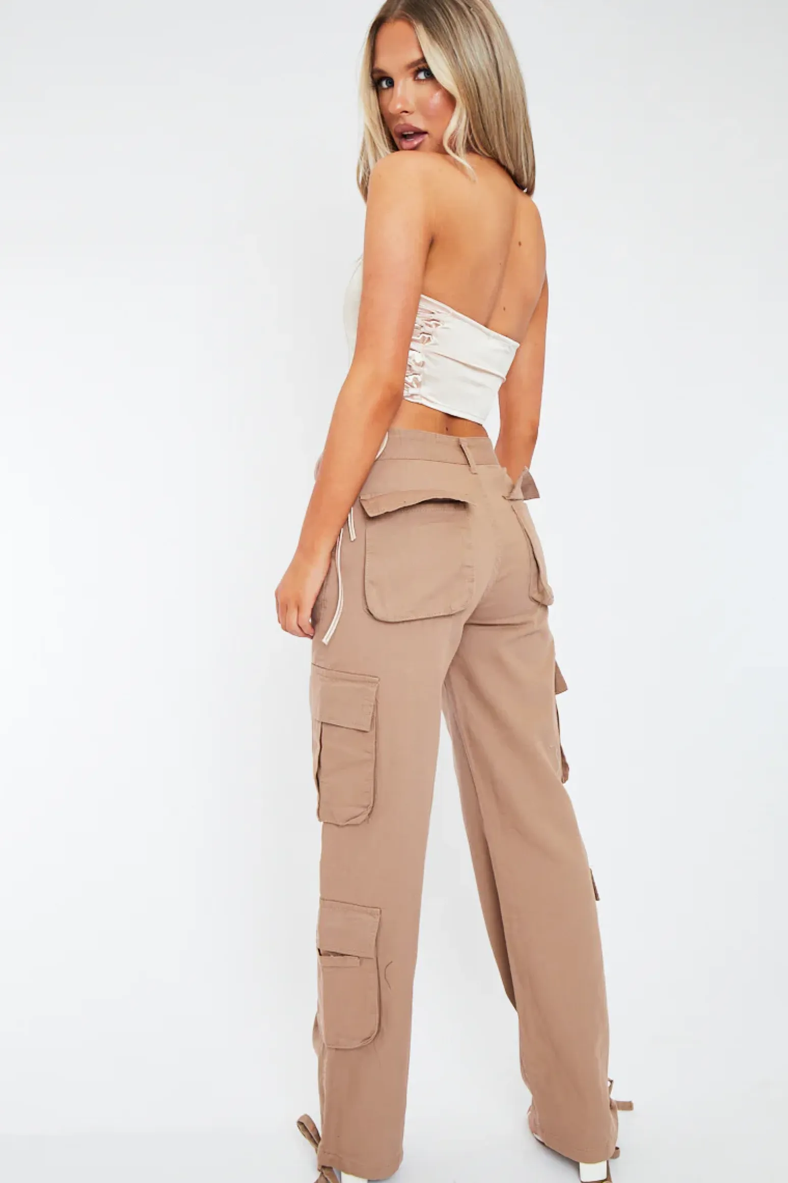 Rebellious Fashion Mocha Tie Hem Denim Cargo Trousers - Hayden