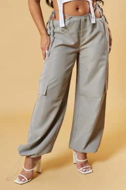 Rebellious Fashion Mocha Tie Waist Toggle Detail Parachute Cargo Trousers - Eva