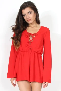 Rebellious Fashion Mona Red Tie Front Playsuit