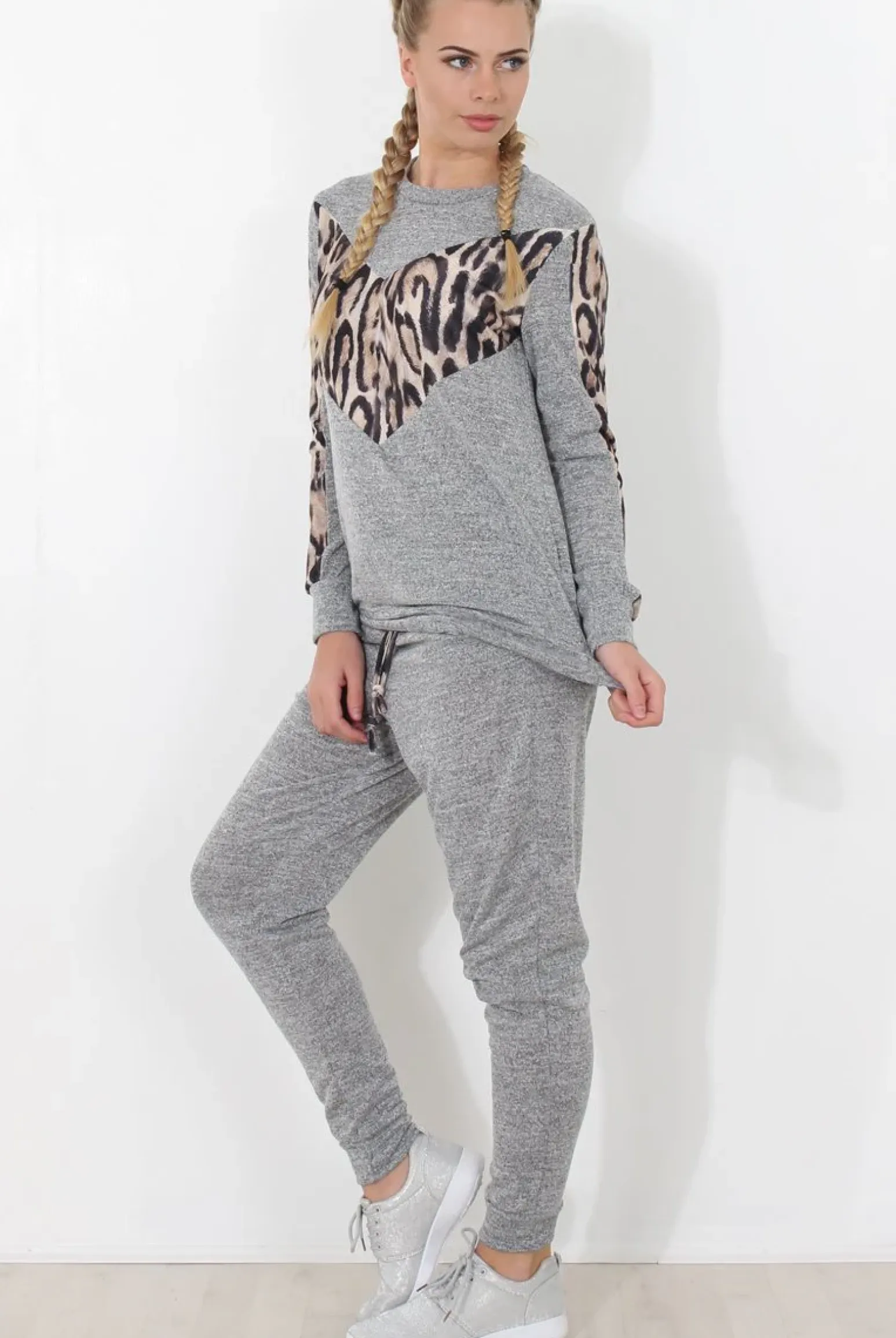 Rebellious Fashion Monique Grey Leopard Loungewear Set