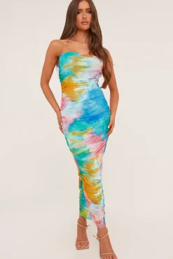 Rebellious Fashion Multi Abstract Print Bandeau Ruched Midi Dress - Blossom
