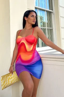 Rebellious Fashion Multi Abstract Print Bodycon Mini Dress - Kim